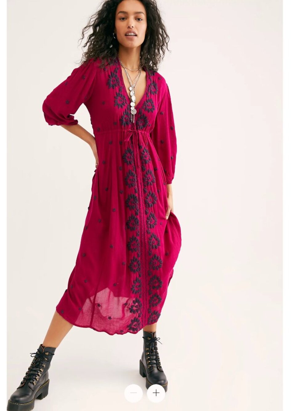 Free People Magenta Maxi Dress with Black Floral Embroidery